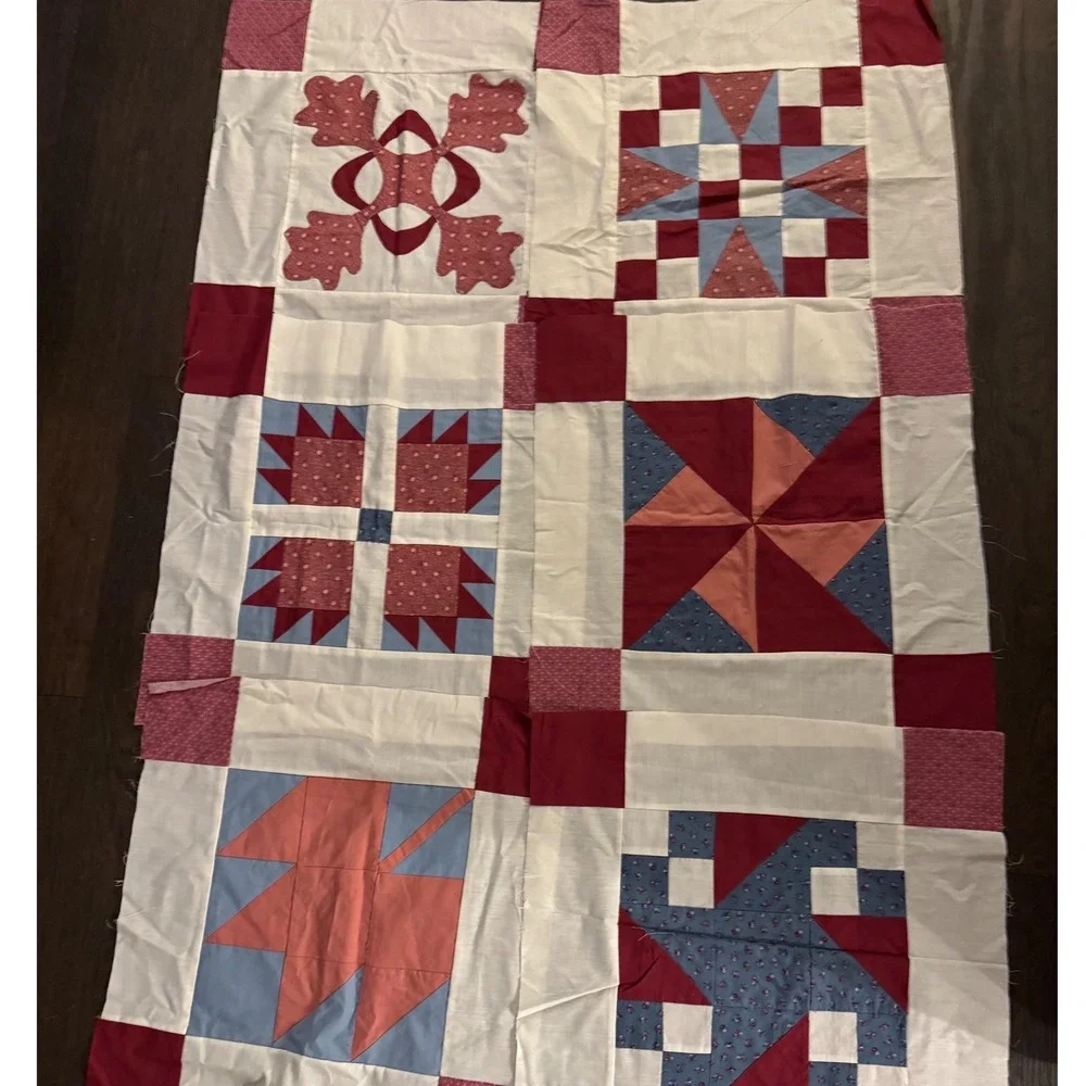 Handmade Quilt Top Panels 12 Vintage Patchwork Red White Blue Cotton
